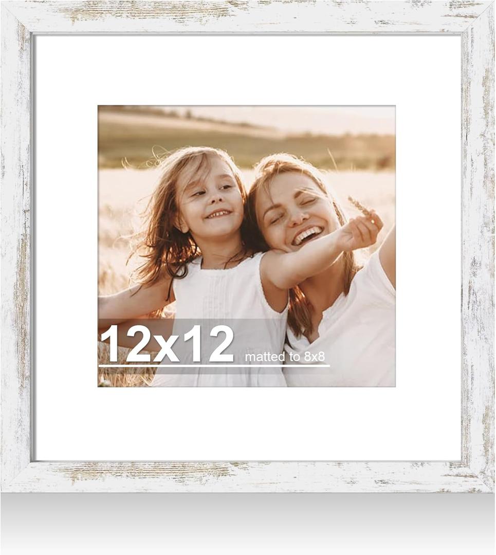 Hongkee 12x12 Picture Frame with Real Glass - 8x8 Wooden Frame with Mat, Horizontal and Vertical Display for Wall or Tabletop (Distressed White, 1 Pack)