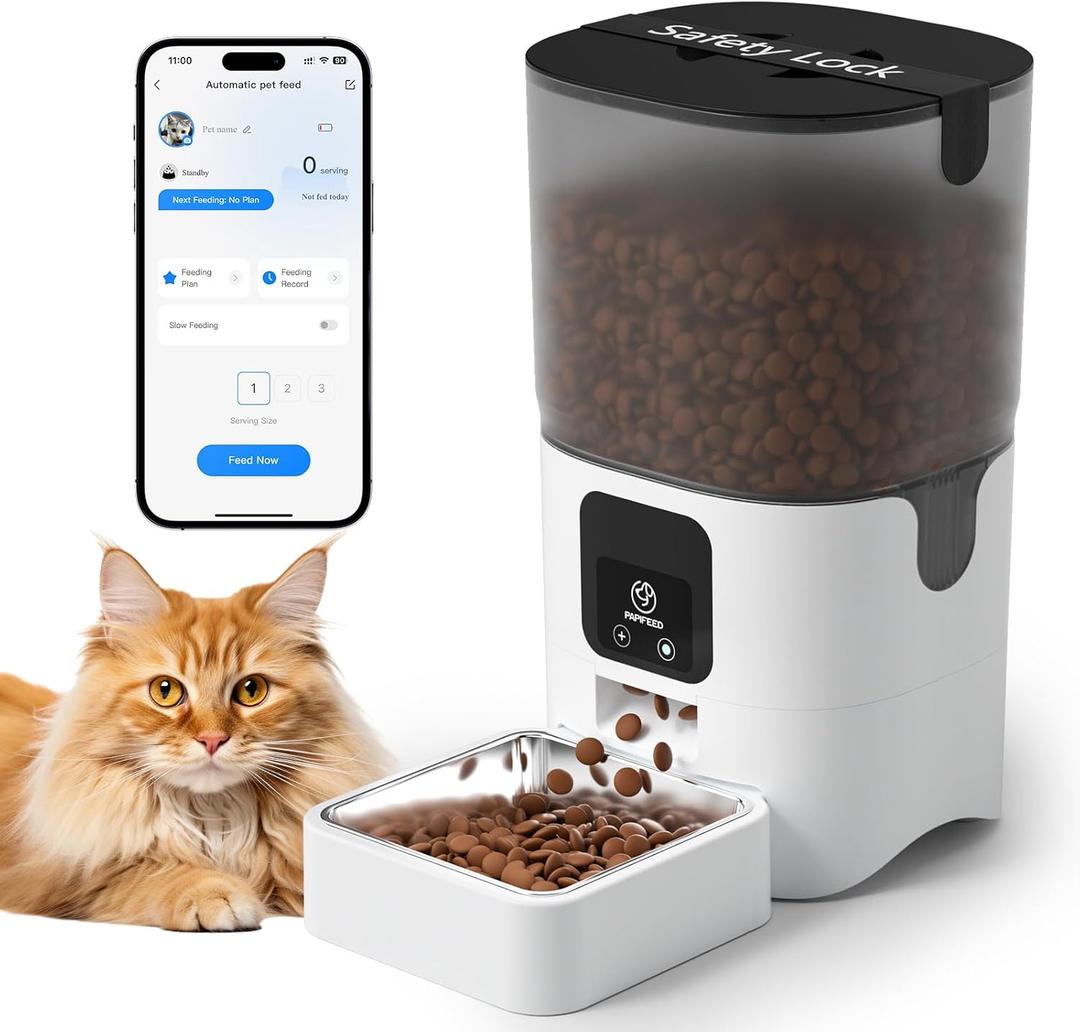 PAPIFEED Smart Automatic Cat Feeders Pet Feeder : WiFi Pet Feeder with APP Control for Remote Feeding, Detachable for Easy Clean,Stainless Steel Bowl,110 Meals Per Day for Dog (6L/25Cup)