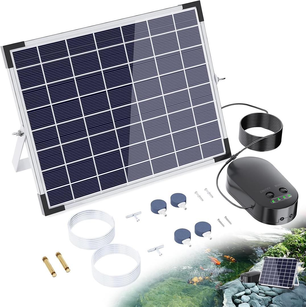 POPOSOAP 15W Solar Pond Aerator, Solar Aerators for Ponds with 4400mAh Battery, Solar Aquarium Air Pump with 2 Outlets and Power Display, 3 Mode Solar Air Pump for Fish Pond Tank Hydroponics Wildlife