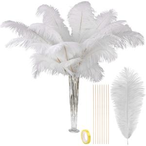 VIJIV Natural White Large Ostrich Feathers Bulk 10 Pieces - Making Kit 28 Inch Long Feathers for Crafts Flowers Vase Home Decorations Wedding Party Centerpiece Floral Arrangement (Extension to 28 Inch with Stick)