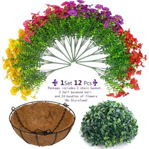 Hananona 1 Set Artificial Outdoor Flowers with Hanging Basket, 1 Hanging Planters with 24 Pcs Flowers for Spring Summer Front Porch Garden Patio Home Decor (2, Red, Purple, Yellow, Rose Red)