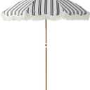 6FT Stripe Fringe Beach Umbrella for Sand with Sand Anchor, UPF 50+ Sun Shade with Tassels, Adjustable Tilt Pole, Portable Coastal Umbrella for Beach & Pool, Heritage Black Stripe