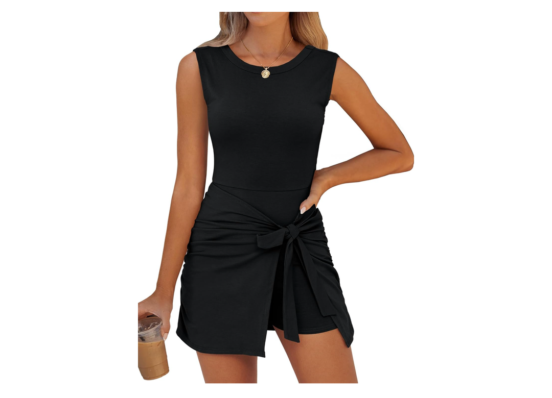 Caracilia Women Summer Sleeveless Bodycon Tie Cinched Waist Romper Skort Mini Dress Built in Shorts Night Out Vacation Dress, XS