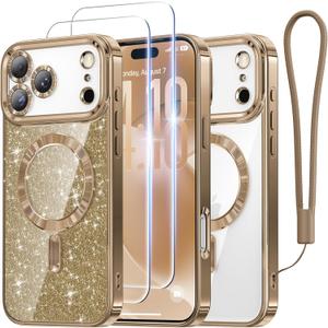 Meifigno Designed for iPhone 17 Pro Case 6.3", [Glitter Card & Wrist Strap] [Compatible with MagSafe] [2X HD Screen Protectors] Surround Raised Lens Protection for 17 Pro Case Women, Desert Titanium