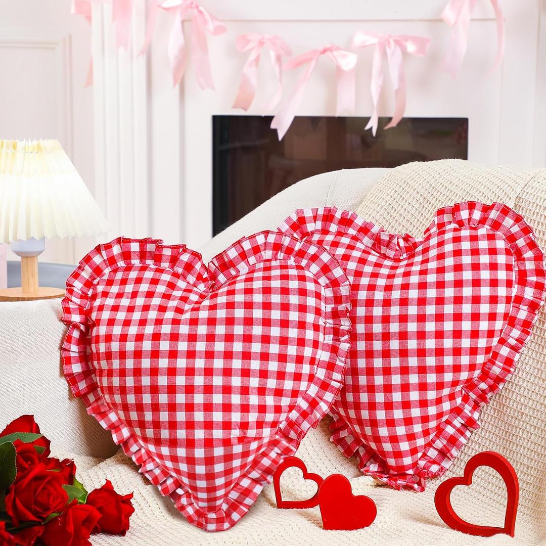 2 Pcs Valentines Day Pillows 16 x 14.5 Inches Red Heart Pillow Red White Ruffle Couch Cushion Heart Gingham Throw Pillow for Valentines Love Gifts, Bedroom, Sofa, Holiday Decor