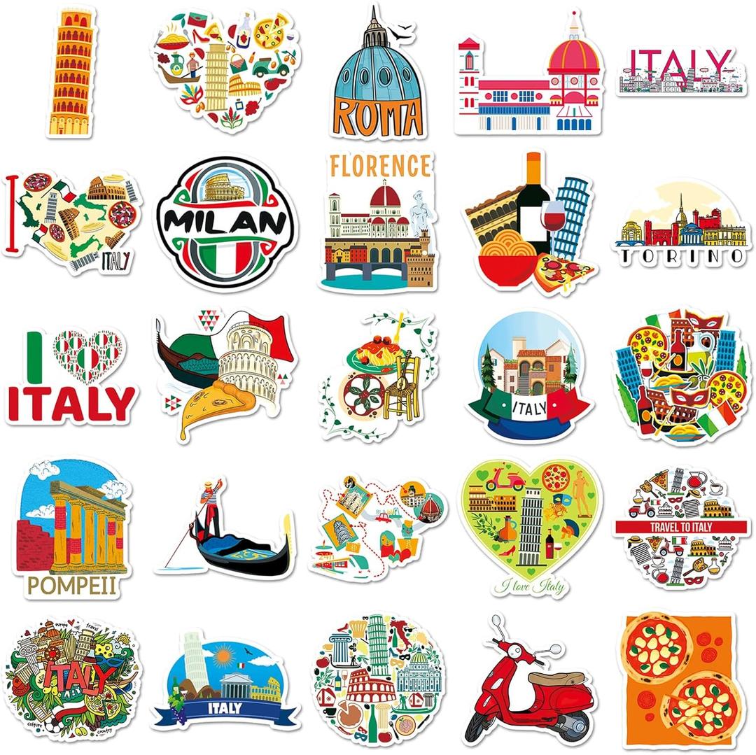 Italy Stickers for Laptop,50 PCS ATMBD Italy Travel Landscape Laptops Decorative Decals for DIY Water Bottle Journal Luggage, Aesthetic European Country Graffiti Sticker for Kids Teens Adults