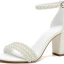 Deidach Women's Open Toe Chunky Block Heel Pumps Ankle Buckle Wedding Shoes Pearls Evening Party Dress Shoes Sandals Size: 8.5