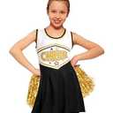 JenPen Cheerleader Costume Cheerleading Outfit Dress Cheer Uniform with Bow Halloween Dress up Gifts(5-7 Years, Black and Gold)