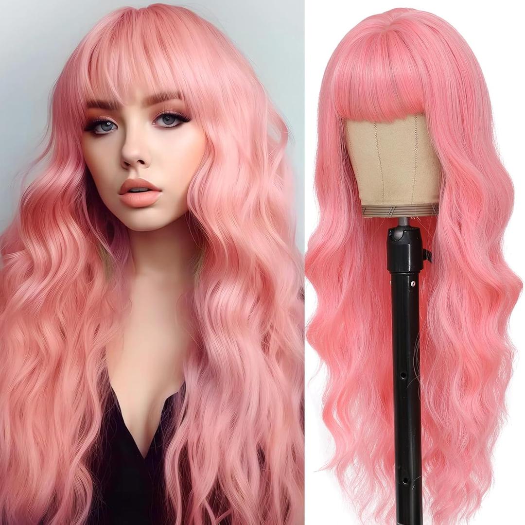 Pink Wig with Bangs for Women Long Pink Wavy Wigs 26 Inch Natural Looking Heat Resistant Synthetic Wig for Daily Party Use