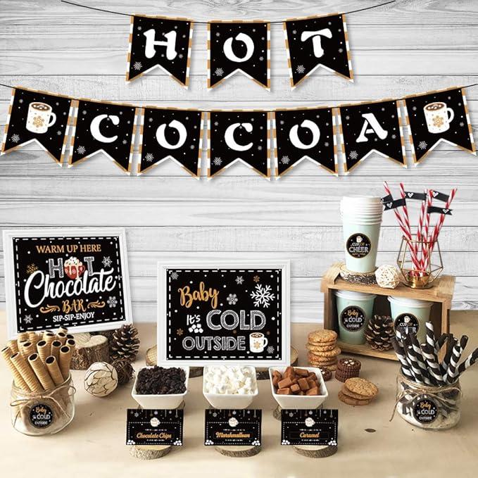 Hot Chocolate Bar Kit Hot Cocoa Banner Bar Kit Hot Chocolate Bar Supplies Sign Labels Cup Tags for Wintertime Holiday Christmas Baby It's Cold Outside Decorations New Year Party