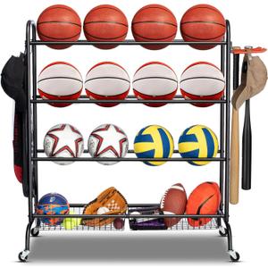 Basketball Rack, Rolling Basketball Shooting Training Stand, Sports Equipment Storage with Wheels, Four-Layer Organizer Holder with Two Basket for Basketballs Footballs Volleyball