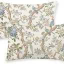 Blue Green Floral Bird Pillow Covers 12x20 Set of 2 Chinoiserie Throw Pillows Green Vintage Flowers Bird Decorative Pillow Cases Outdoor Farmhouse Lumbar Decor Cushion Case for Couch Sofa