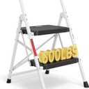 BONTEC 2-Step Ladder, Folding Step Stool, 600lbs Max Load Capacity, Sturdy Steel, Non-Slip Pedals, Lightweight, Portable Steel Ladder with Convenient Handrail, Safety Design for Home & Work, White