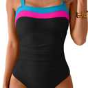 Women's Ribbed One Piece Swimsuits Color Block Tummy Control Bathing Suit Slimming 1 Piece Swimwear (Large, Black-pink-blue)