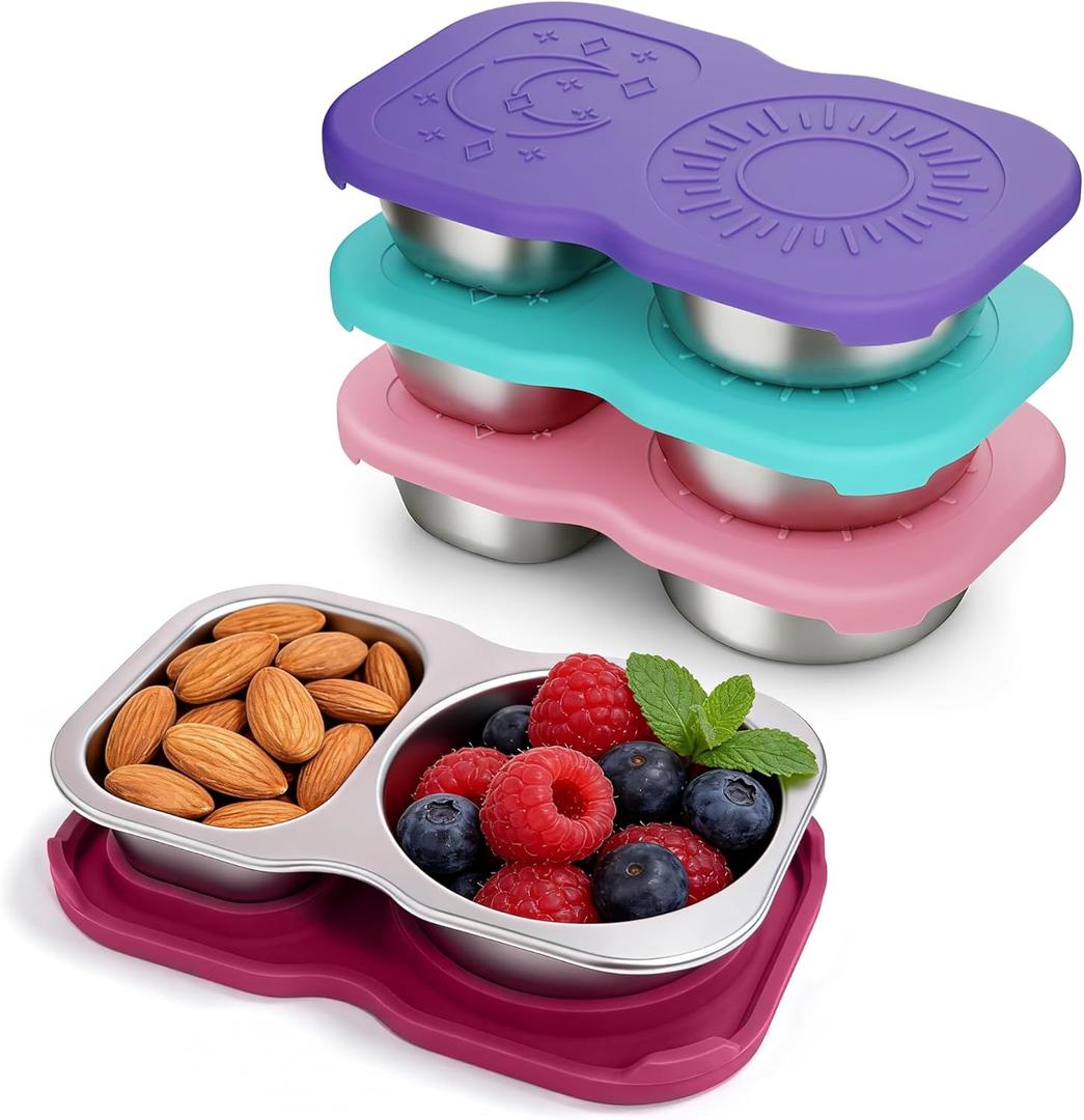 QCQHDU Snack Containers, 2-Compartment Small Stainless Steel Reusable Snack Boxes for Portion Control, Meal Prep Lunch Food Sauce Storage Lunchable Accessories Salad Dressing Containers to Go, 4 Pack
