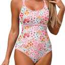 ZAFUL Womens One Piece Swimsuits Tummy Control Bathing Suit High Cut Adjustable Strap Swimwear (X-Small, Pink Floral)