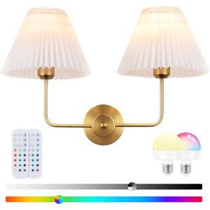 Double Light Battery Operated Wireless Wall Sconces with White Pleated Fabric lampshade, 2-Light Antique Brass Sconce for Bathroom Vanity Hallway Stairway Living Room (Gold)