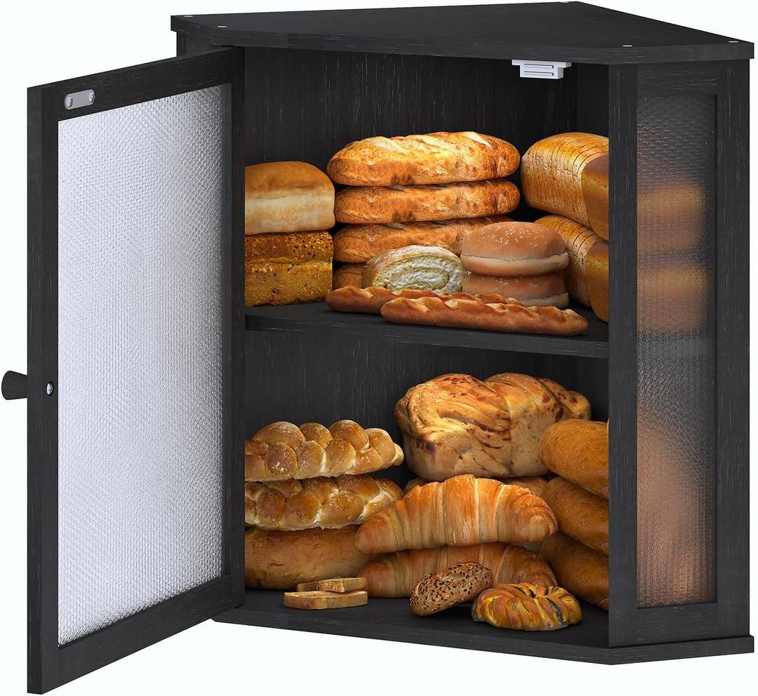 Furshus Corner Bread Box for Kitchen Countertop,Bread Storage for Homemade Bread, Double Layer Large Bamboo Kitchen Storage Bin with Window (Black, Medium)
