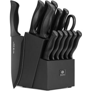 15-Piece Kitchen Knife Set with Block and Built-In Sharpener, Black