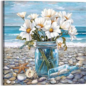 Bathroom Decor Beach Wall Art Ocean Theme Blue Picture Canvas Print Modern Coastal Artwork Framed Hanging Dining Office Living Room 20"L x 20"W