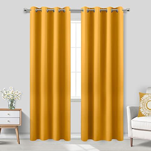 KOUFALL Mustard Yellow Blackout Curtain Panels,84 Inches Long Spring Window Treatments Room Darkening Curtain Drapes for Living Room,52x84 Inch Length 2 Panels Set