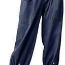 Women's Capri Pants High Waist Drawstring Cinch Bottom with Button Cotton Loose Casual Trouser with Pockets, L, Dark Blue