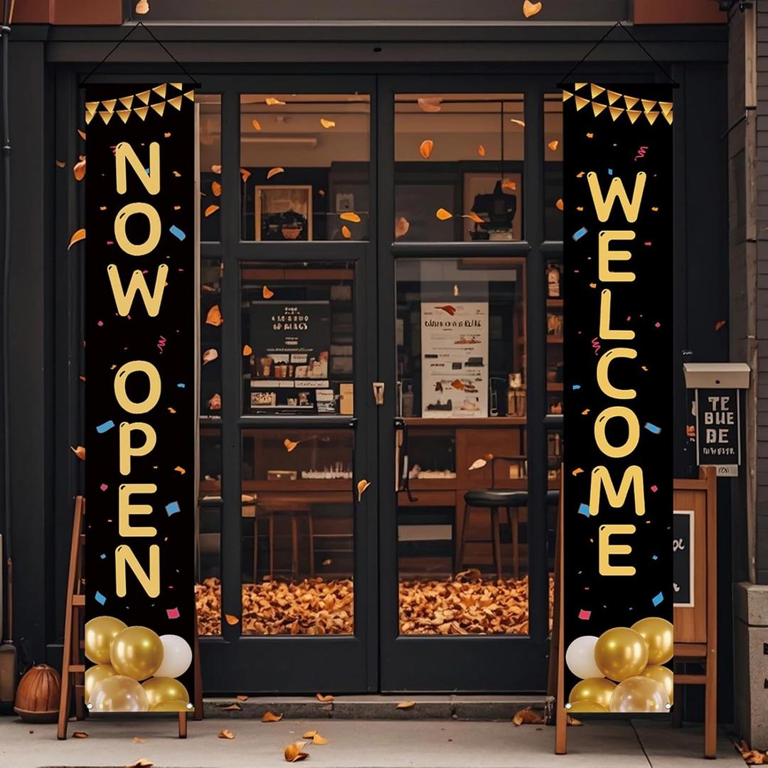 Grand Opening Porch Sign Banner,Now Open Door Decorative Hanging Banner, New Store Advertising Decorations for Shop Garden Outdoor Ceremony Business Supplies Restaurant Grocery Cafes Shop (Black Gold 1)