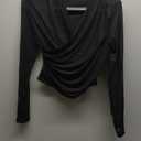 GORGLITTER Women's Sheer Mesh Long Sleeve Top See Throuogh Ruched Criss Cross Tees Shirts Going Out Tops (Medium, Black)