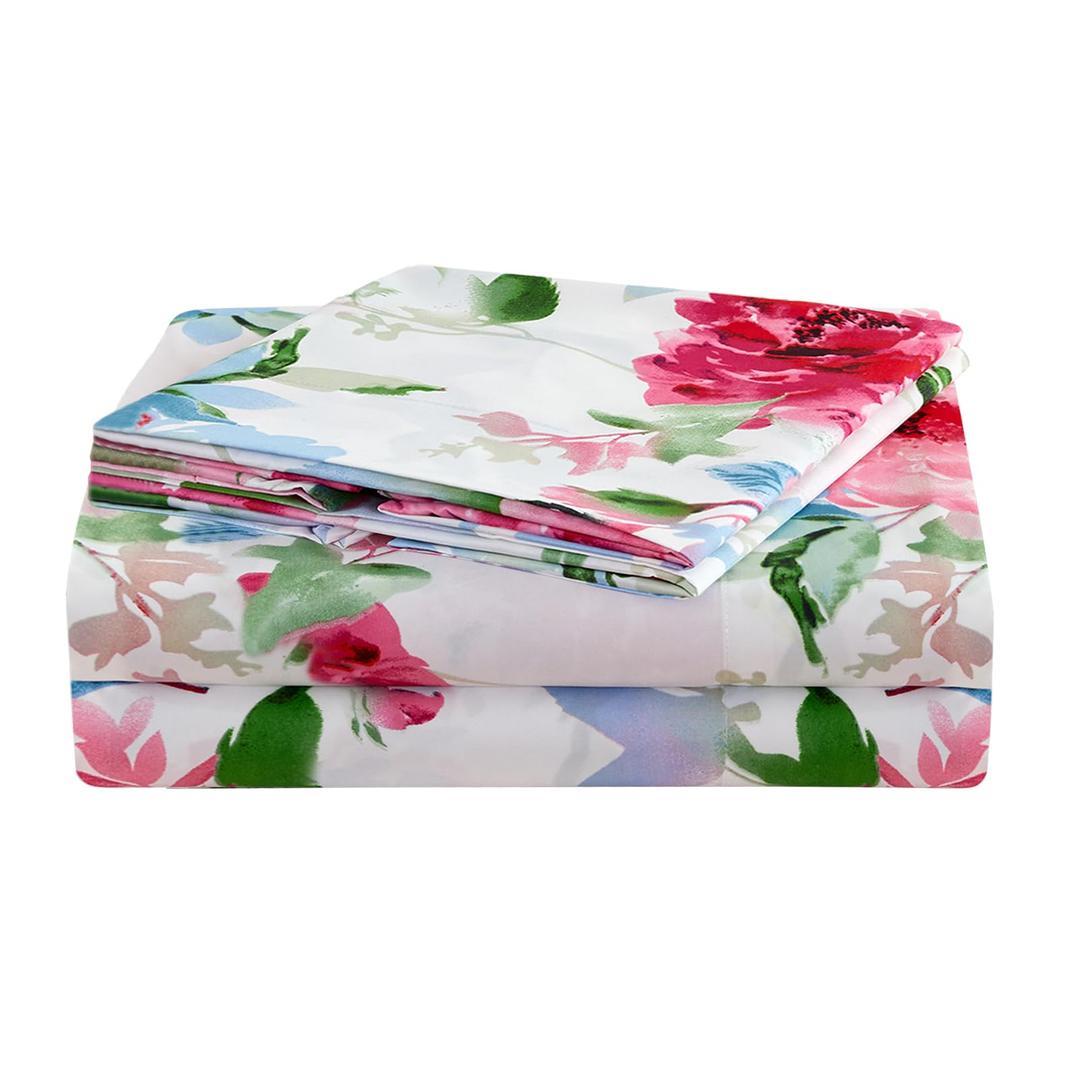 JSD Watercolor Rose Floral Sheet Set Full Size, 4 Piece Soft Printed Microfiber Sheets Extra Deep Pocket
