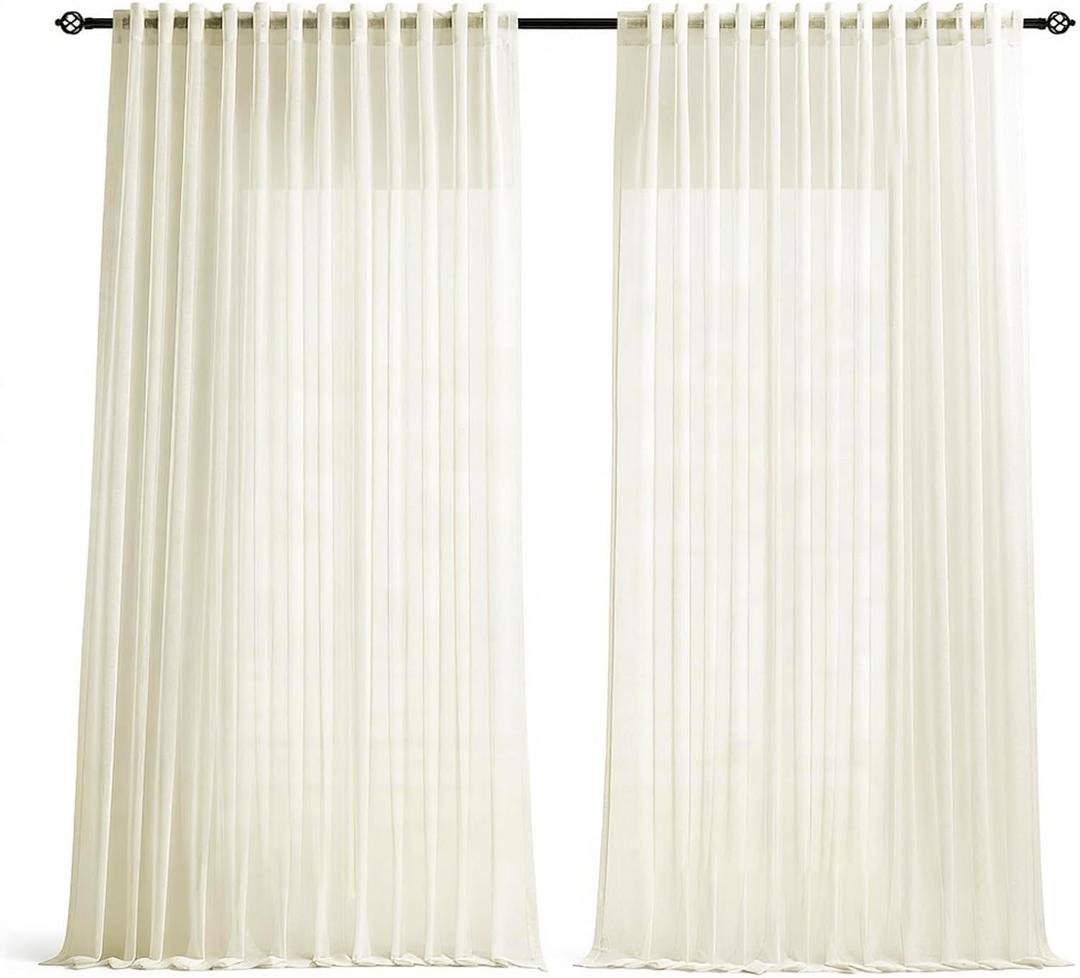 Dreaming Casa Ivory Sheer Curtains 96 Inches Long, Rod Pocket & Back Tab Light Filtering Textured Sheers for Living Room Bedroom, 2 Panels, Each 100" W x 96" L