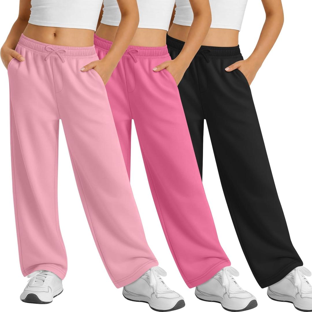 3 Pack Girls Sweatpants Elastic Waist Wide Leg Pants with Bow Kids Casual Loose Joggers with Pockets 13-14 Years