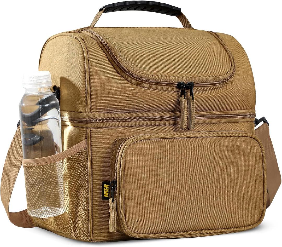 MIER Mens Insulated Lunch Box, Dual Compartment Large Lunch Bag Coolers with Shoulder Strap for Men Women Adult to Office Work, Picnic, Travel, Outdoors, Khaki
