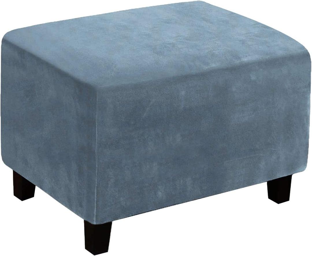 Ottoman Cover, Stretch Rectangle Velvet Ottoman Slipcovers of Foot Stool for Living Room, Folding Storage Furniture Protector with Elastic Bottom, Machine Washable(Gray Blue, L)