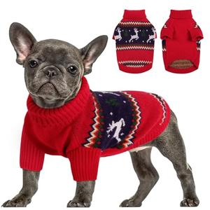 Queenmore Christmas Dog Sweater - Knitted Pullover Turtleneck Outfit, Warm Clothes for Small Dogs Boys or Girls L, Red