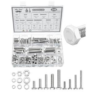 Mr. Pen- Hex Head Nuts and Bolts Assortment Kit, 246 pcs, Stainless Steel, #1/4"-20, #5/16"-18, #3/8"-16, Assorted Nuts and Bolts, Heavy Duty Screw Assortment Kit with Clear Storage Box