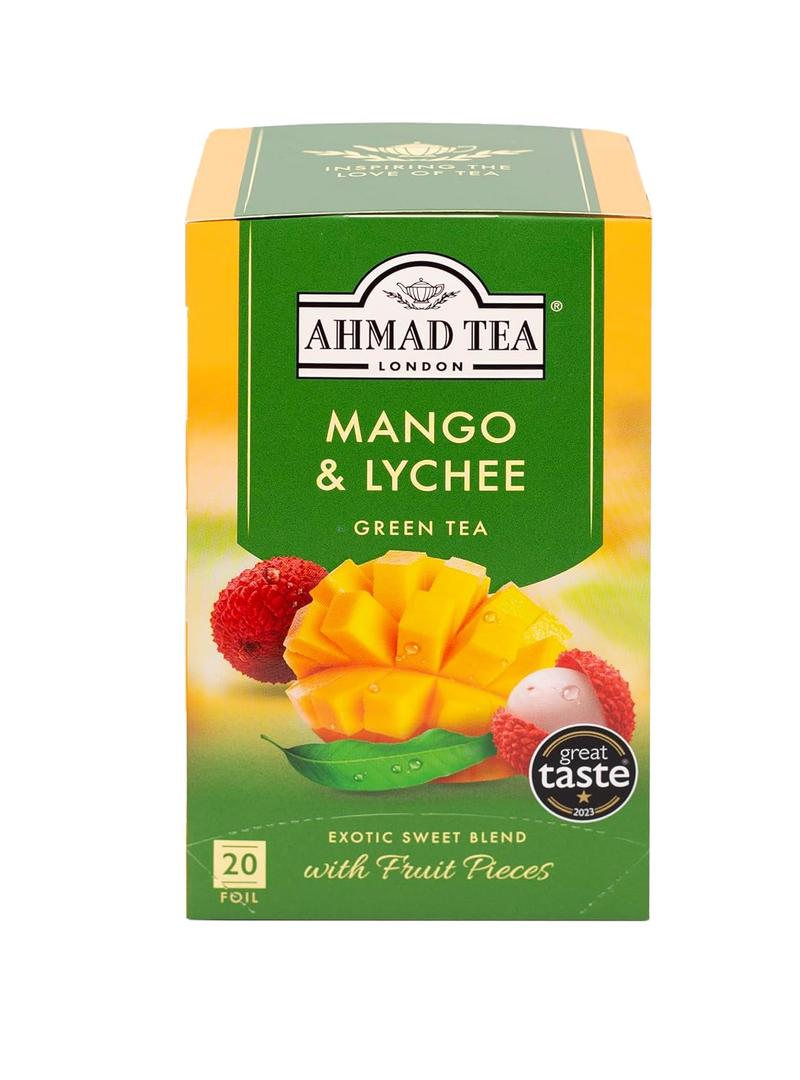 Ahmad Tea Green Tea, Mango & Lychee Teabags, 20 ct (Pack of 1) - Caffeinated & Sugar-Free (EXP 09/12/28)