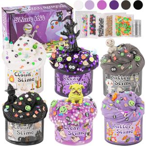 LAWOHO 6 Packs Purple Black Slime Kit - Cloud, Butter & Clear Slime, Slime kit for Girls Ages 8-12, Kids Slime Goodie Bag Stuffers for Birthday Halloween Party Favors Christmas Easter Gifts