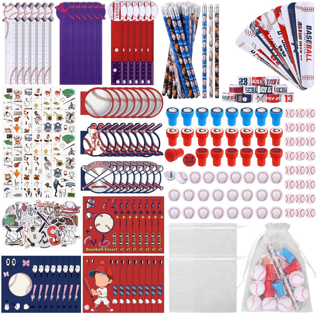 Aneco 340 Piece Baseball Party Favor Set Baseball Goodie Bag Stuffers Mini Card Pencil Sharpener Eraser Stamp Slap Bracelet Sticker School Stationery Bulk for Sport Party Team Game Prize Birthday Gift