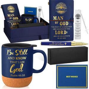 Shellwei 6 Pcs Christian Gift for Husband 3.5 oz Mug Leather Bible Notebook Religious Pen Metal Bookmark with Box and Greeting Card Fathers Day Religious Gifts for Husband Grandpa Pastor(Blue)