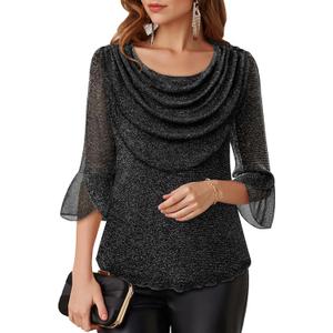 Lotusmile Blouses for Women Dressy Casual 3/4 Sleeve Cowl Neck Sparkly Tops Cocktail Shirts for Evening Party (X-Large, Black)