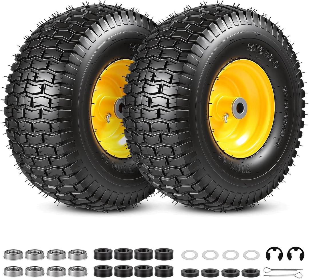 2PCS 15x6.00-6 Tire and Wheel Assembly | for John Deere Craftsman Husqvarna Riding Mowers, 4 Ply Tubeless Lawn Mower Tires 15x6x6, 3" Offset Hub, 3/4" Bushing