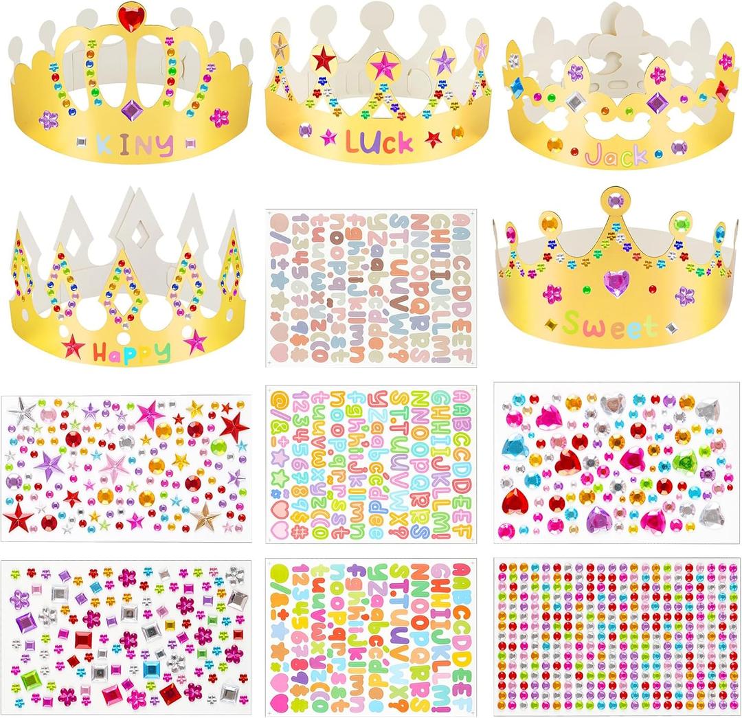 NIUBIER Gold Paper Crowns, 15 Pcs DIY Birthday Party Crowns, King & Princess Crown Hats with Gem Stickers, Letters and Number Stickers for School, Party & Craft Decoration