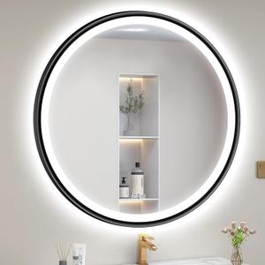 S'bagno 32'' Round Black LED Mirror for Bathroom with Frontlit & Backlit, LED Vanity Mirror with Metal Frame, Anti-Fog, Stepless Dimmable, 3 Color Temperature