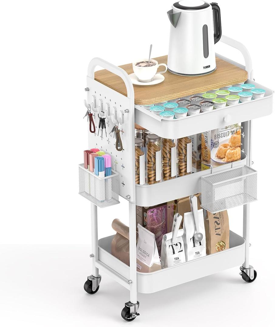 ALVOROG Rolling Cart with Drawer and Wood Table Top, 3 Tier Metal Rolling Utility Cart on Wheels with DIY Pegboards, Hanging Baskets, Hooks for Kitchen, Bedroom, Office, Craft Supplies (White)