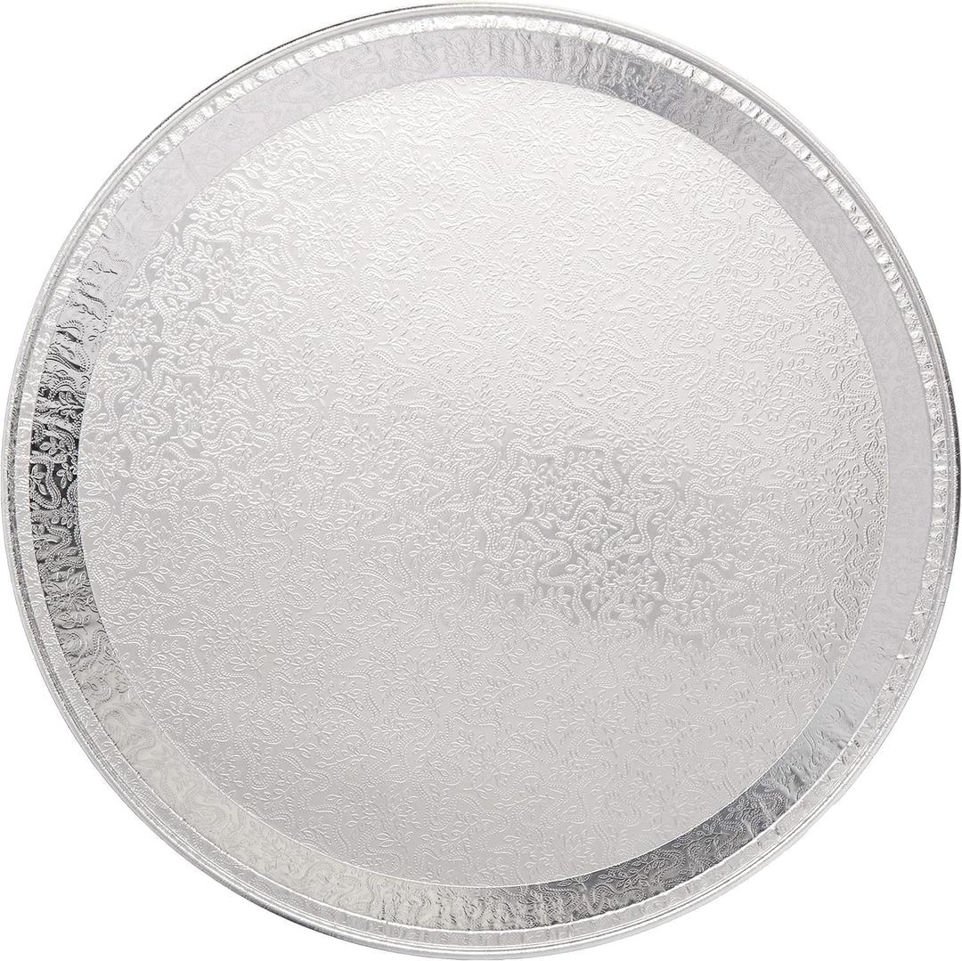 Multi-Pack of 5 Disposable Aluminum Round Flat Serving Trays  Perfect Disposable Tray for Vegetable Platters, Slices of Cake, Cookies, Fruit platters and More  Raised Sides (18-inch)