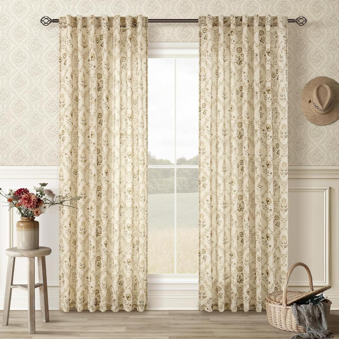 Spring Farmhouse Floral Linen Curtains 84 Inch Length for Living Room Bedroom 2 Panels Semi Sheer Curtains Back Tab Tan Brown Patterned Flower on Beige Farmhouse Boho Rustic Window Drapes