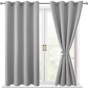 Hiasan Blackout Curtains for Bedroom, 52 x 54 Inches Long - Thermal Insulated & Light Blocking Window Curtains for Living Room, 2 Drape Panels Sewn with Tiebacks, Silver Grey