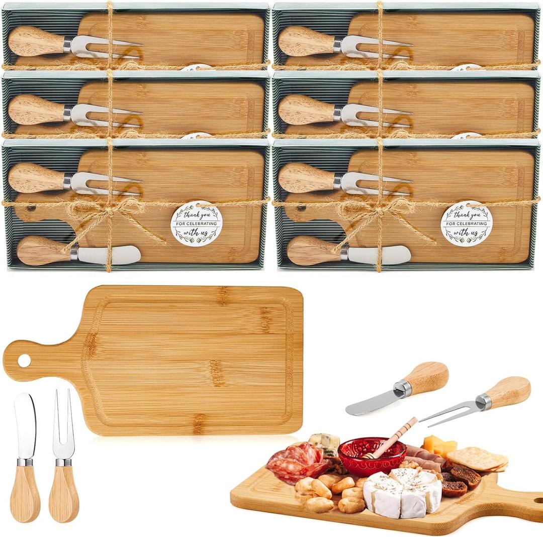 6 Set Bridal Baby Shower Cheese Prizes Wooden Square Board Gift Set Knives Forks Thank You Tags with Box for Guests for Valentines Bridal Baby Shower Housewarming Gifts (Bamboo Color)