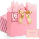 TUXIYA Gift Bag, 16PCS 12.6"x 9.8"x4.3" Pink Gift Bags with 16 Ribbon and 16 Greeting Cards 32 Tissue Paper,Birthday Bag Large Gift Bags for Woman Wedding Party Mothers Day