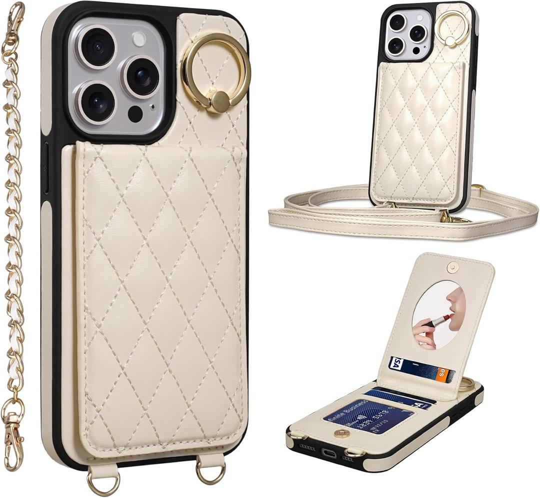 for iPhone 15 Pro Max Wallet Case 6.7" with Mirror, Credit Card Holder, Flip Cover with Lanyard Wrist Strap, RFID Blocking, Shockproof, Magnetic Closure, and Phone Stand for Women, Beige
